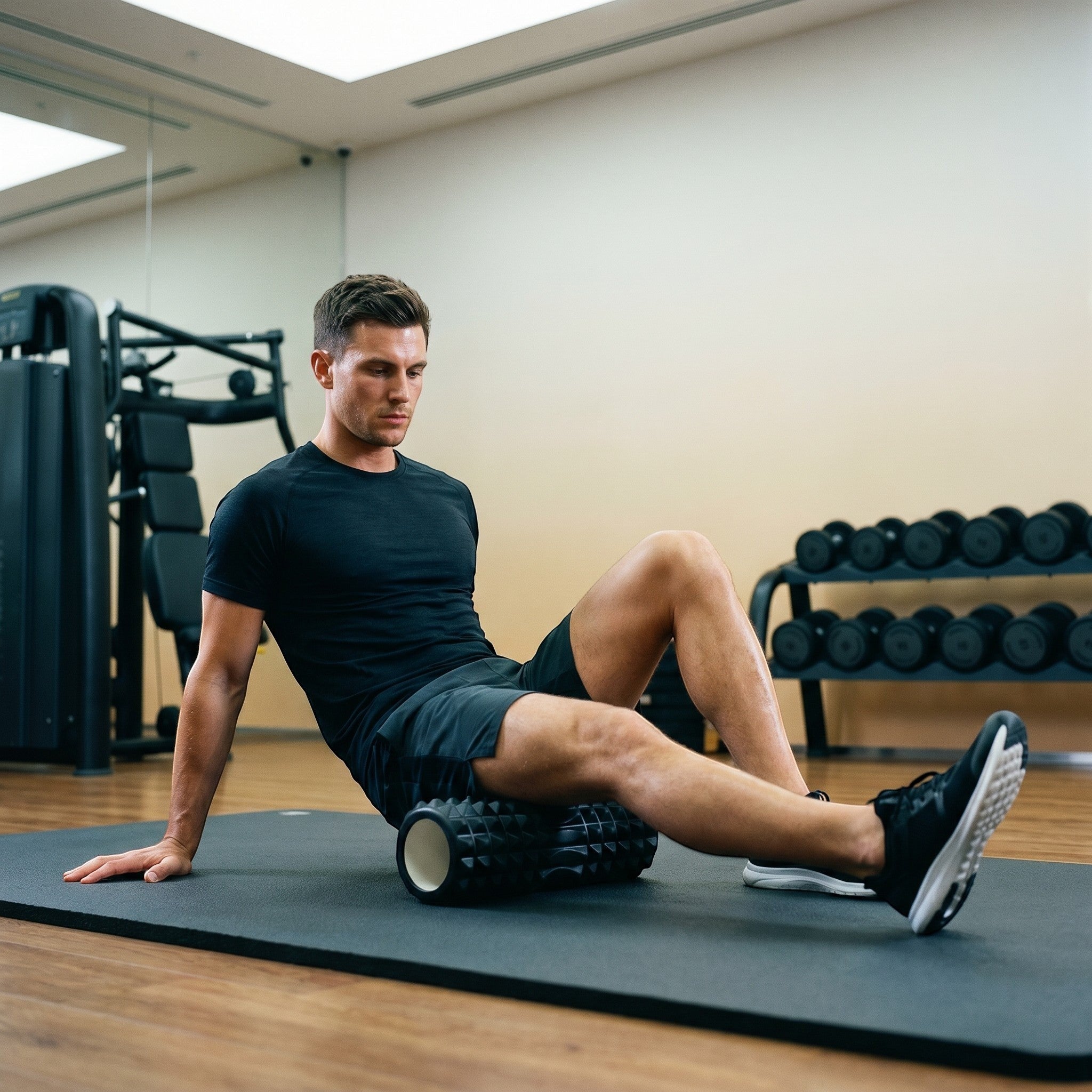 Relief Motion black textured deep tissue massage foam roller for muscle relief and flexibility.