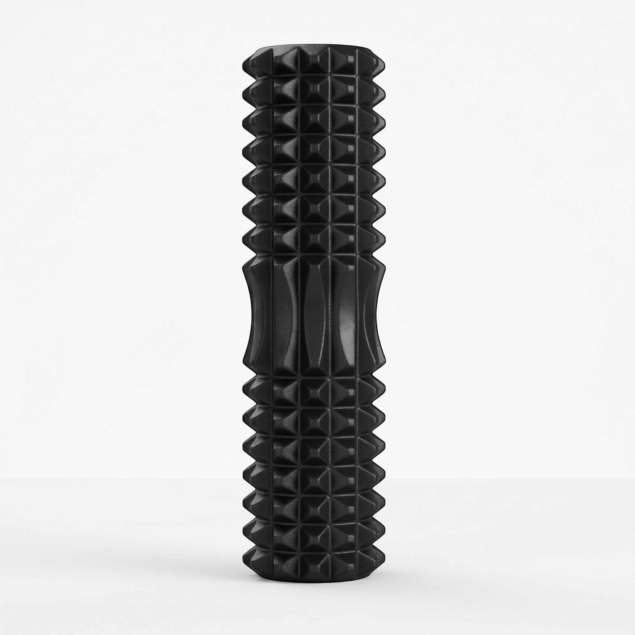 Relief Motion black deep tissue massage foam roller with textured surface for muscle relief and flexibility.