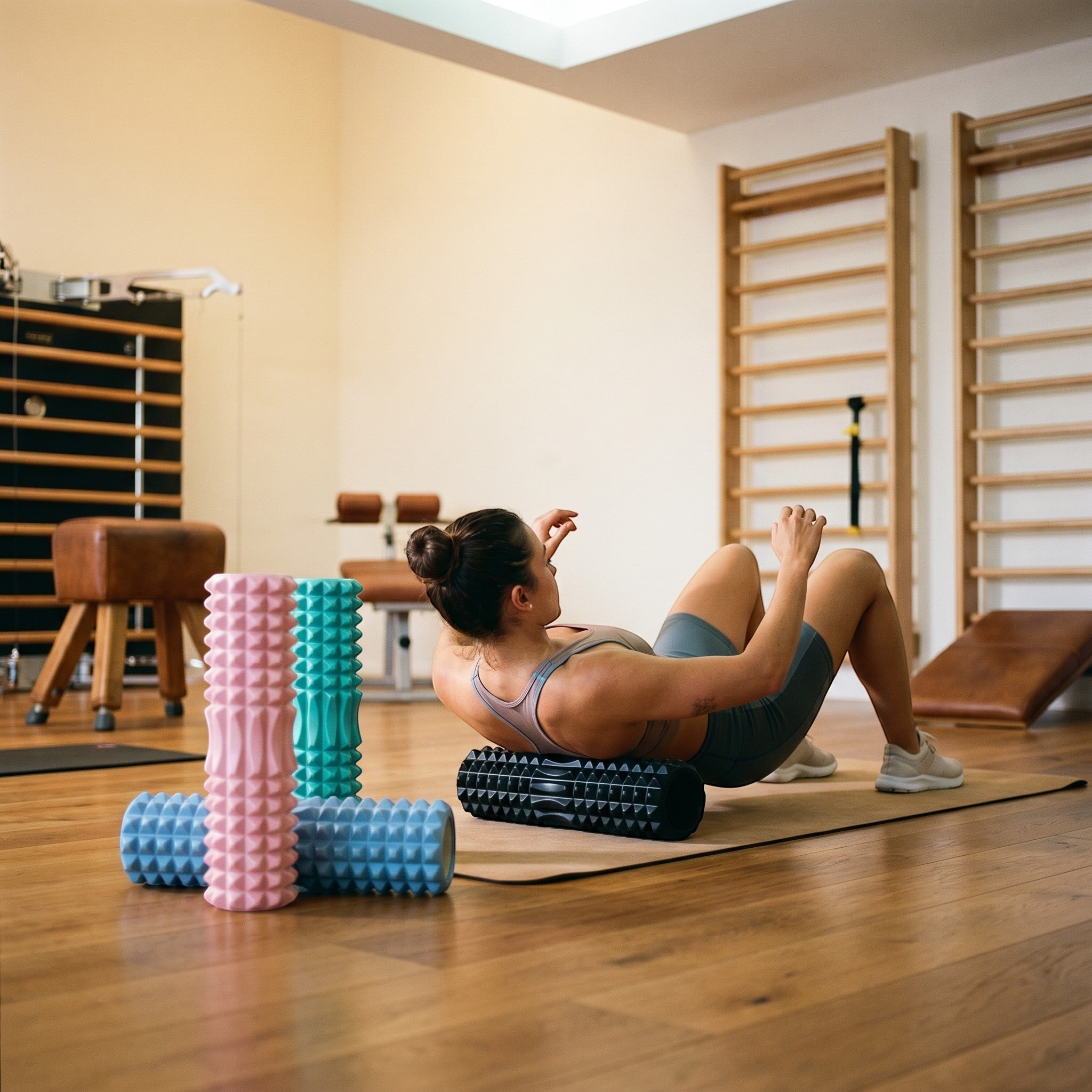 Relief Motion deep tissue massage foam roller in black, blue, pink, and teal. Textured surface for muscle relief and flexibility.