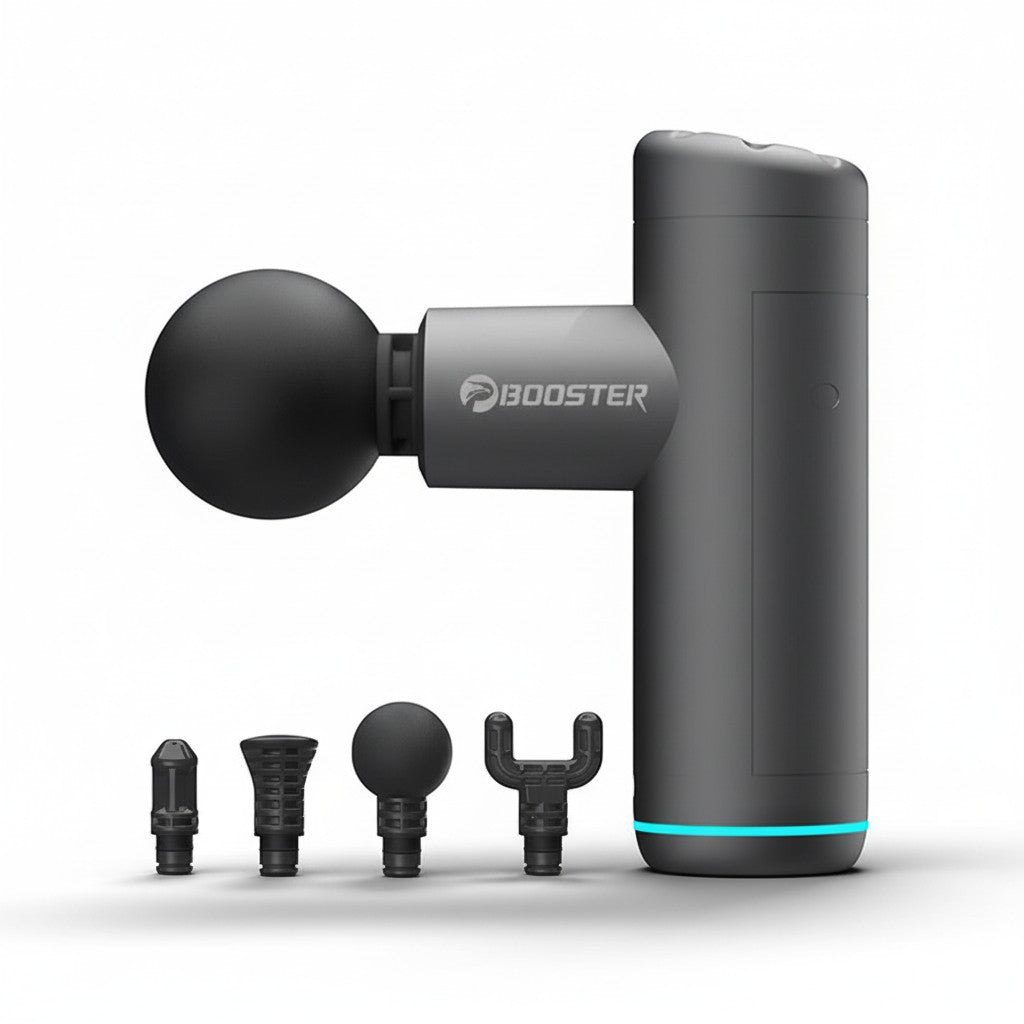 Relief Motion mini massage gun, compact, grey aerometal, with 4 speed settings and 4 interchangeable massage heads.