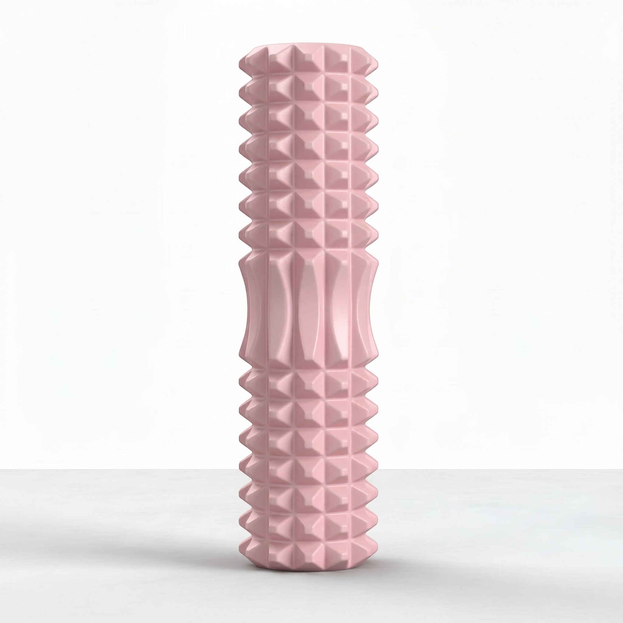 Relief Motion pink deep tissue massage foam roller with textured surface for muscle relief and flexibility.